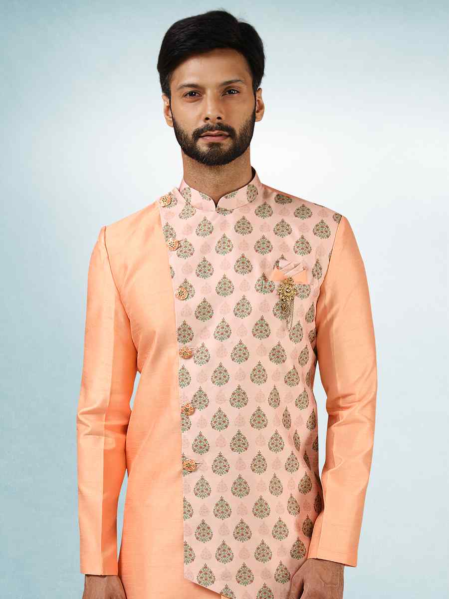 Peach Art Silk Plain Printed Party Wedding Sherwani