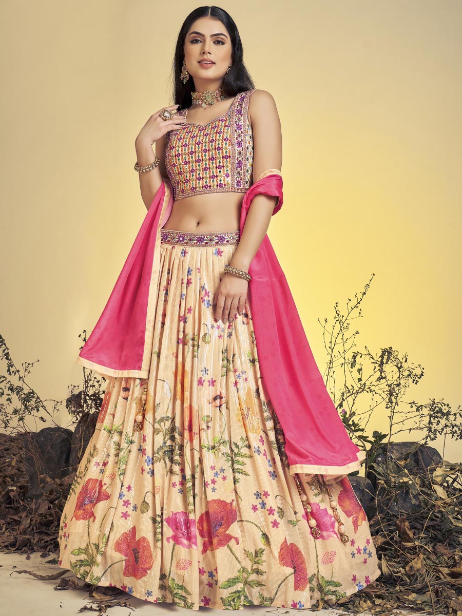 Peach Art Silk Printed Bridesmaid Wedding Ready Circular Lehenga Choli