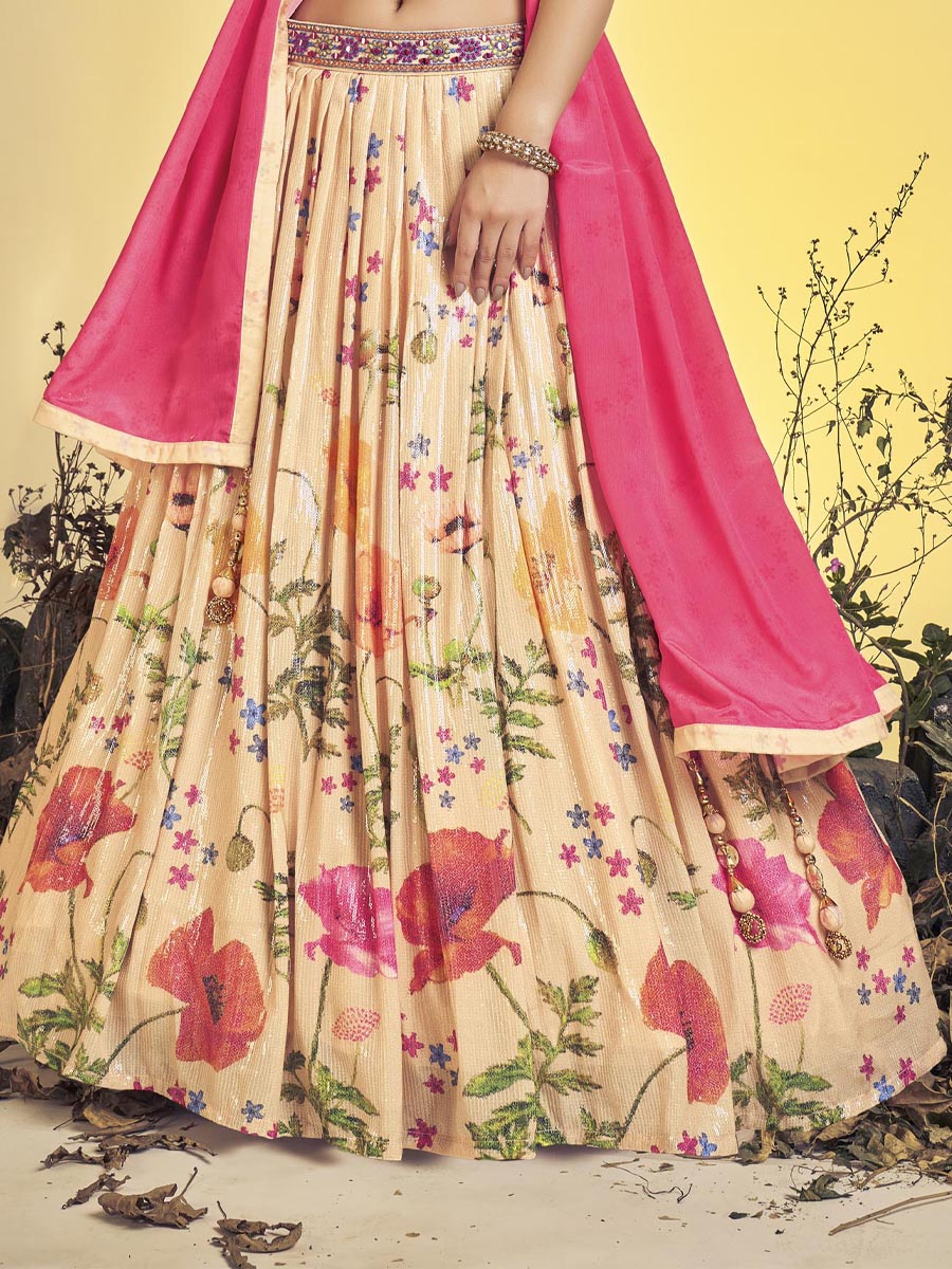 Peach Art Silk Printed Bridesmaid Wedding Ready Circular Lehenga Choli