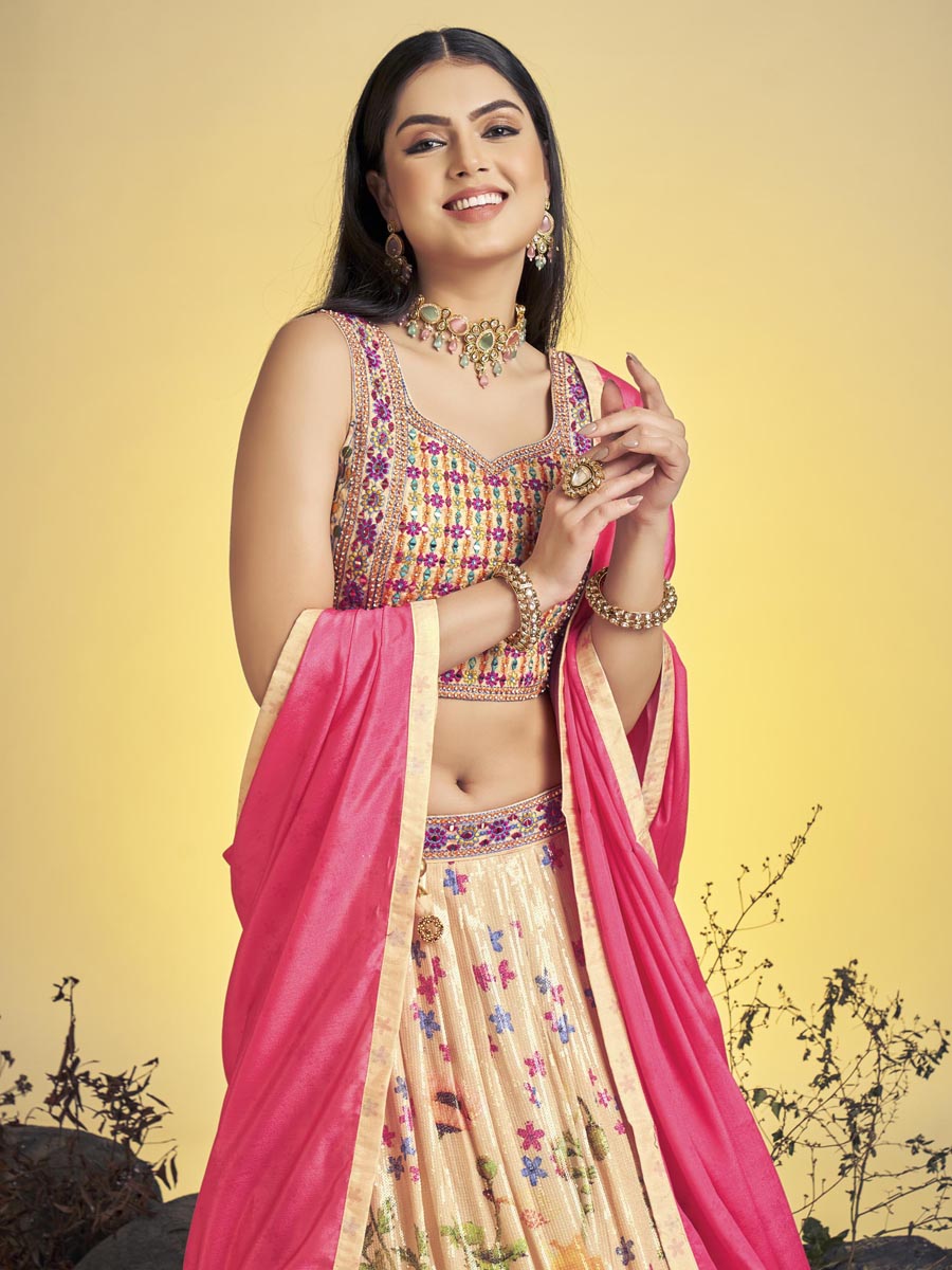 Peach Art Silk Printed Bridesmaid Wedding Ready Circular Lehenga Choli