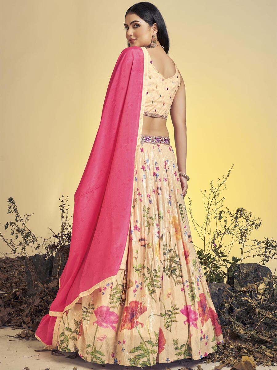 Peach Art Silk Printed Bridesmaid Wedding Ready Circular Lehenga Choli