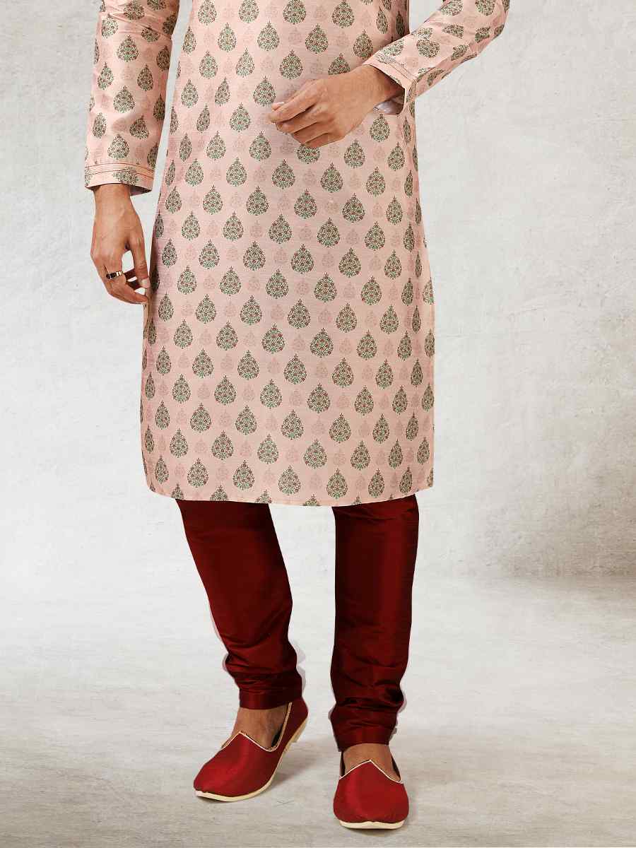 Peach Art Silk Printed Festival Kurta