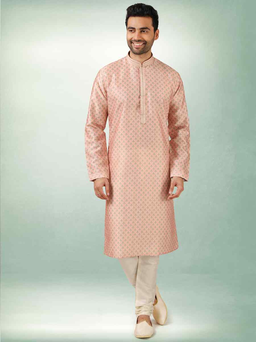 Peach Art Silk Printed Festival Kurta