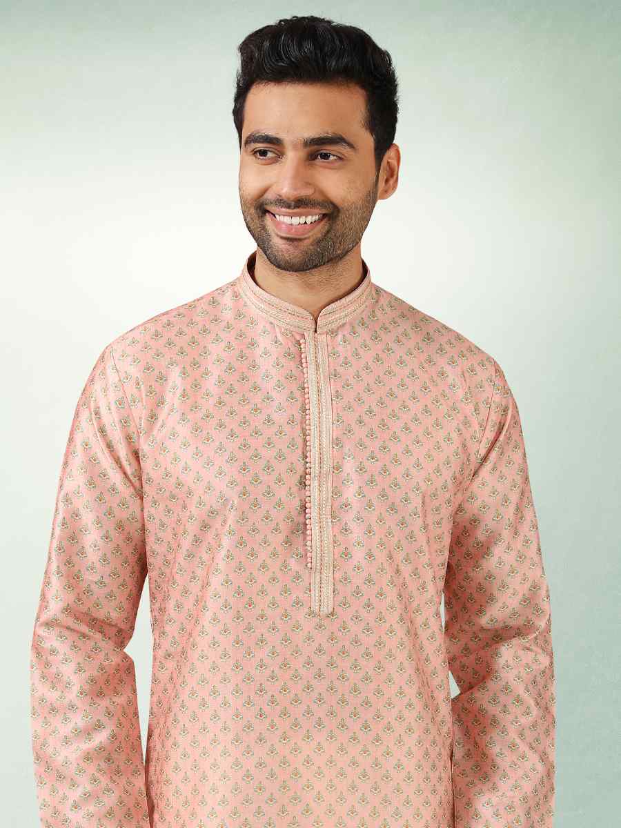 Peach Art Silk Printed Festival Kurta