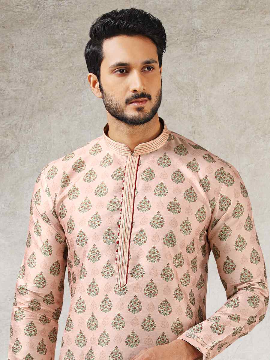 Peach Art Silk Printed Festival Kurta