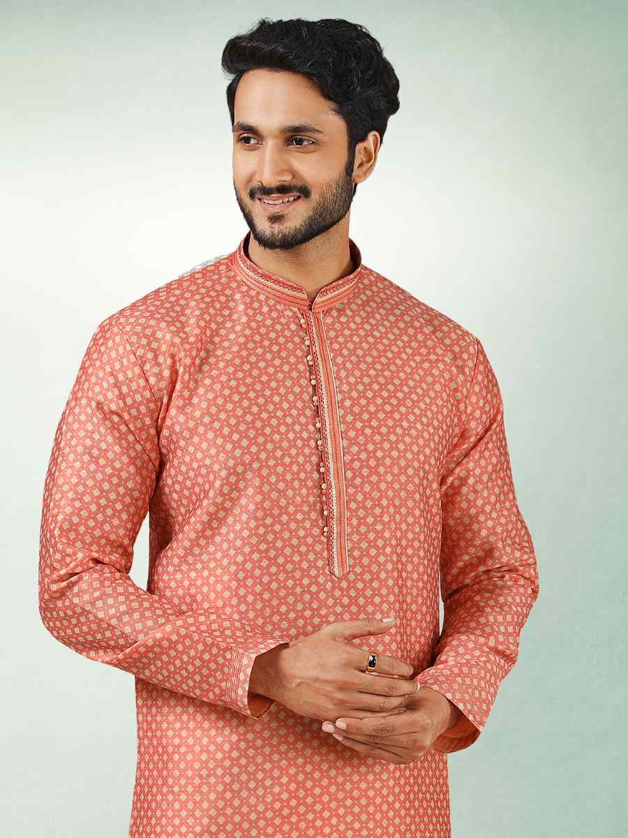 Peach Art Silk Printed Festival Kurta