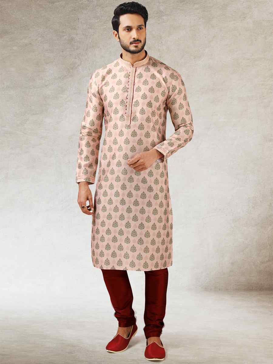 Peach Art Silk Printed Festival Kurta