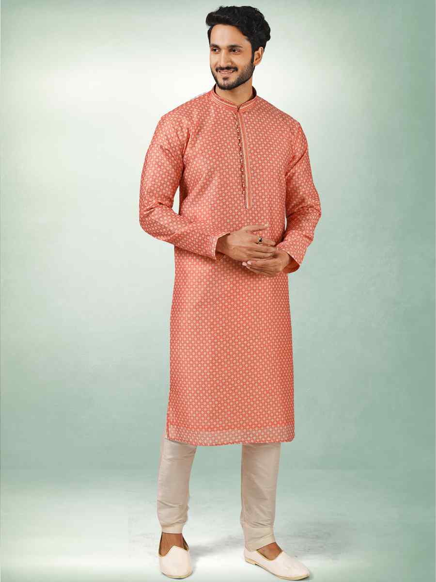 Peach Art Silk Printed Festival Kurta