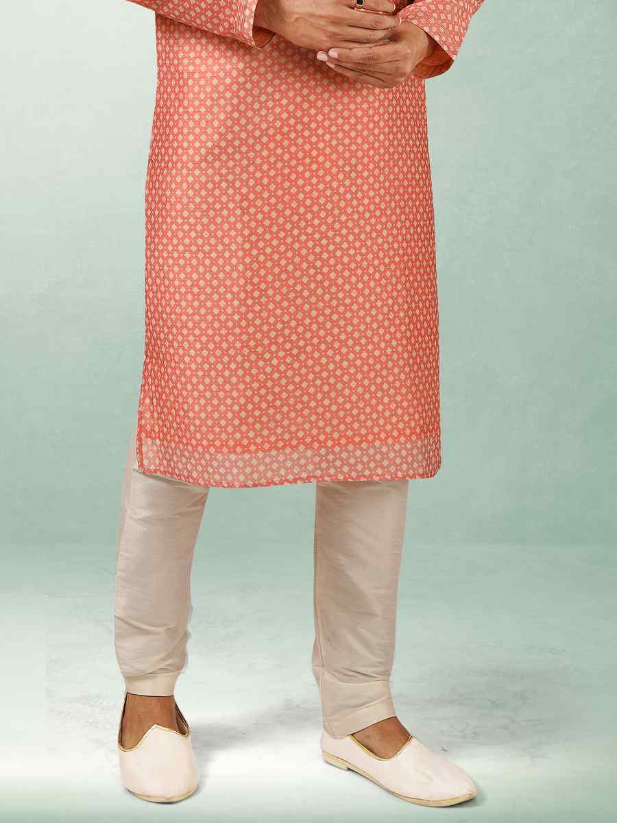 Peach Art Silk Printed Festival Kurta