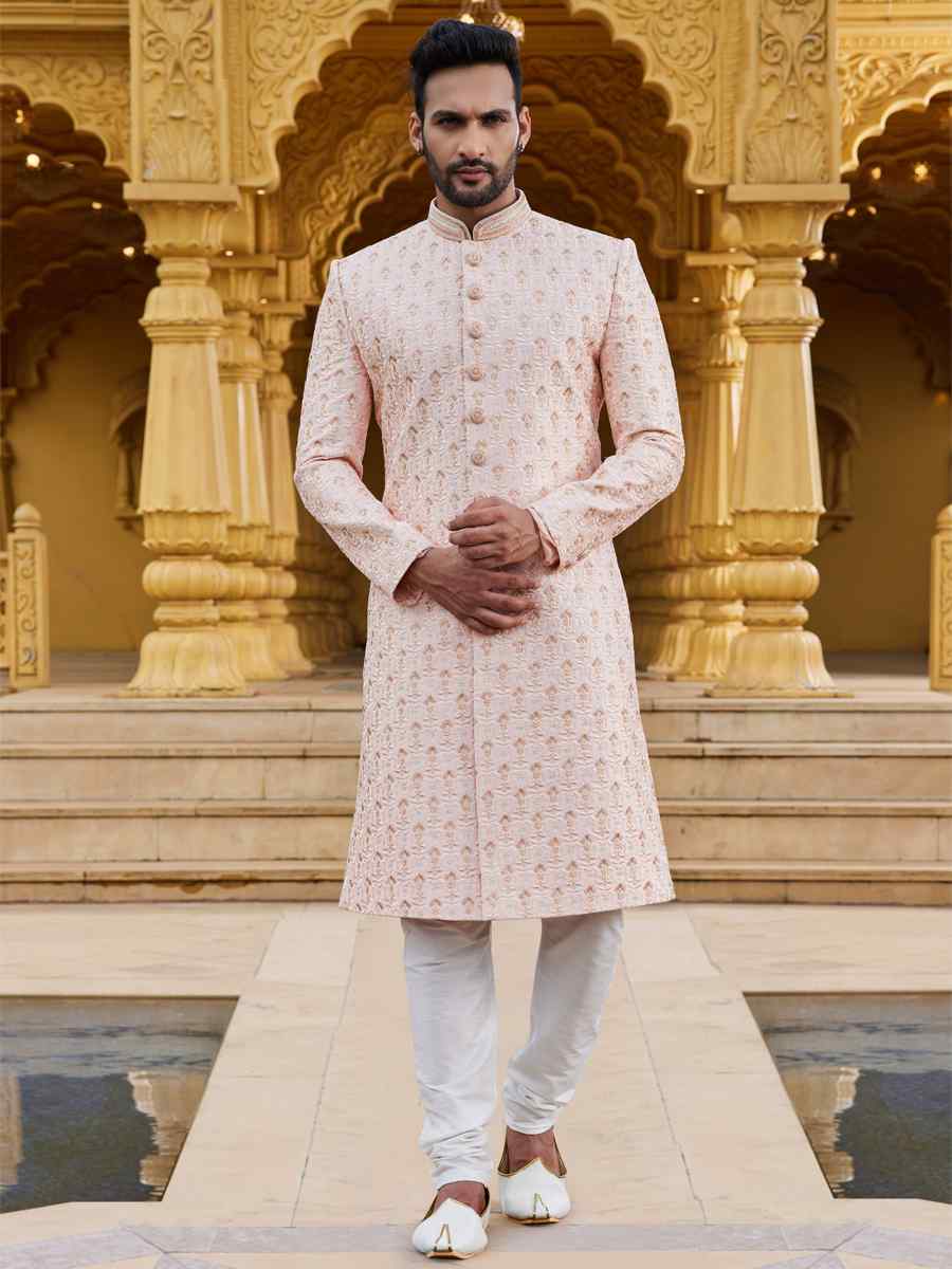 Peach Art Silk Woven Wedding Groom Sherwani