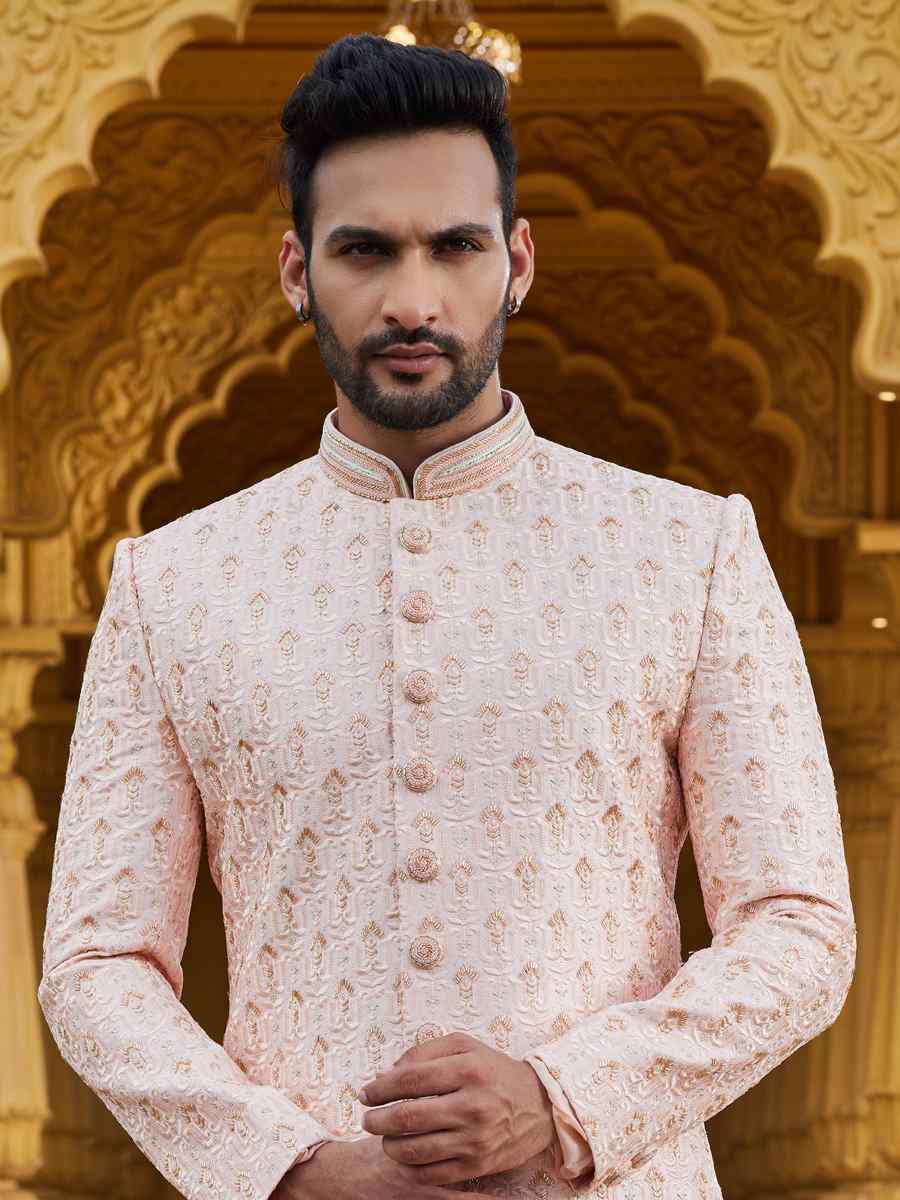 Peach Art Silk Woven Wedding Groom Sherwani