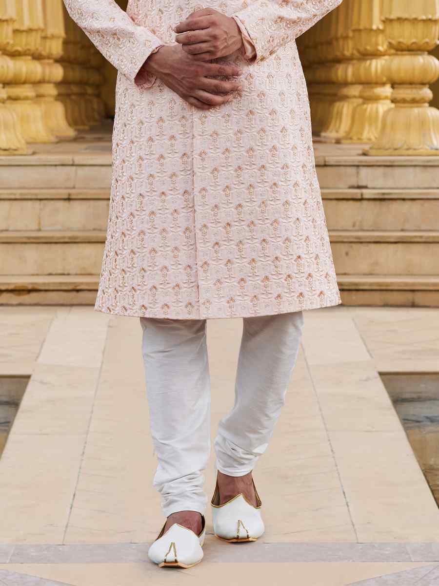 Peach Art Silk Woven Wedding Groom Sherwani