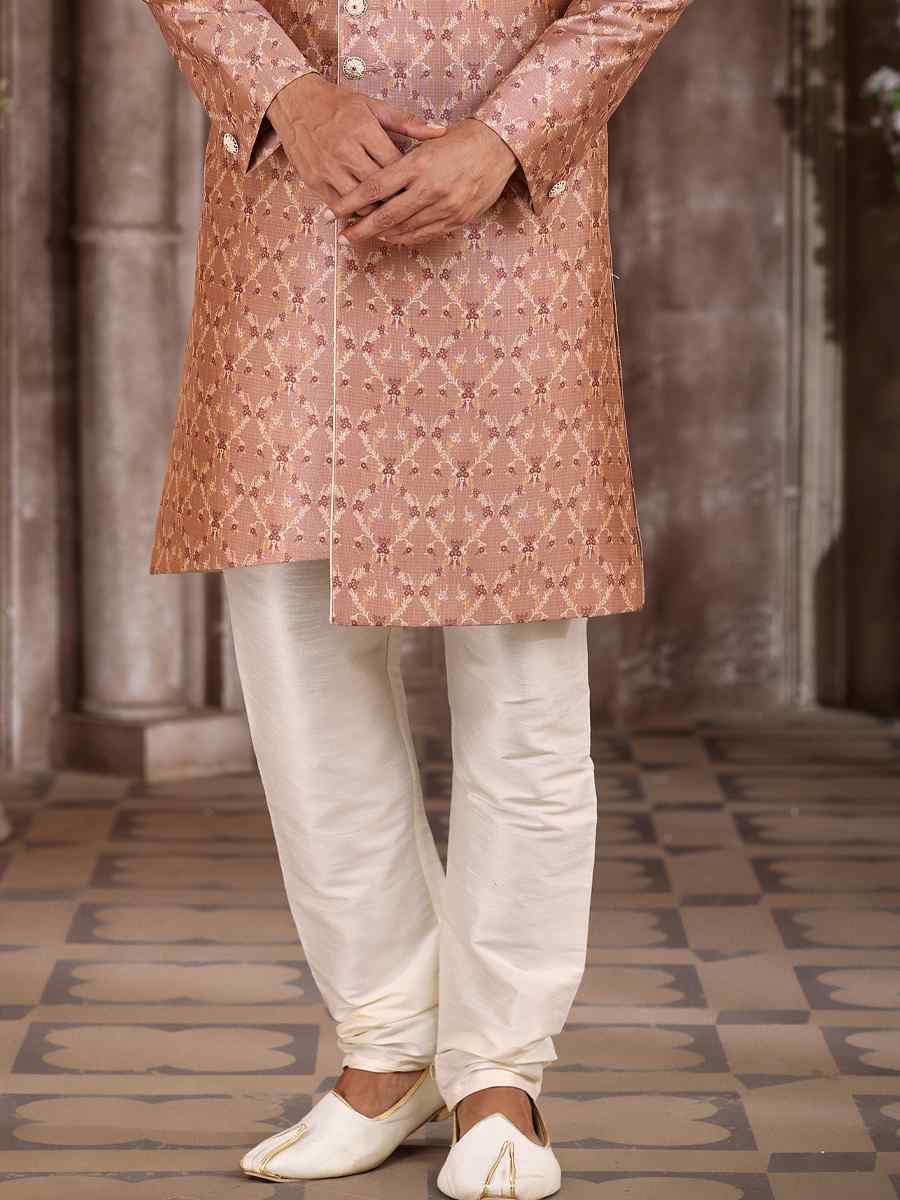 Peach Art Silk Woven Wedding Party Sherwani