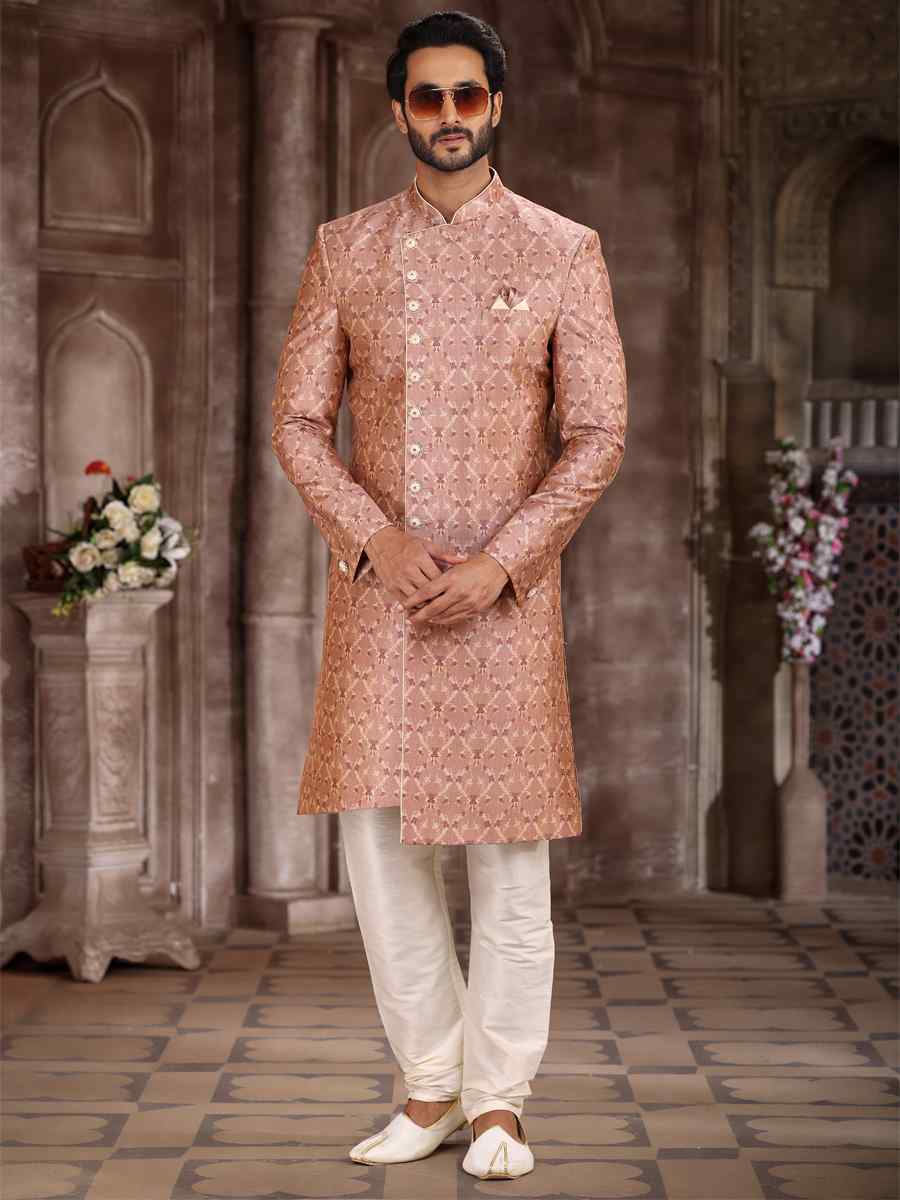 Peach Art Silk Woven Wedding Party Sherwani