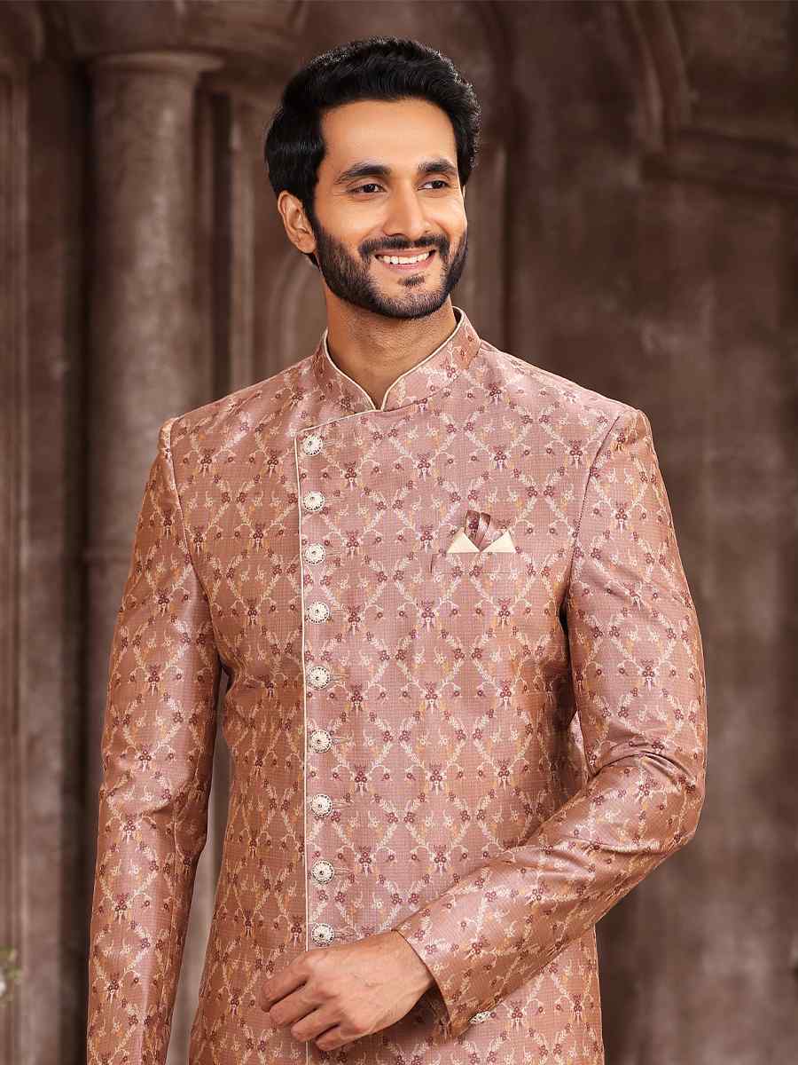 Peach Art Silk Woven Wedding Party Sherwani