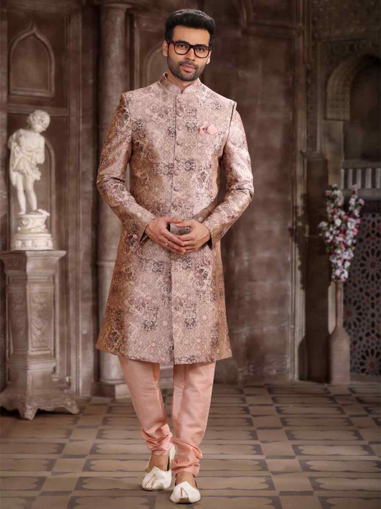 Peach Art Silk Woven Wedding Party Sherwani