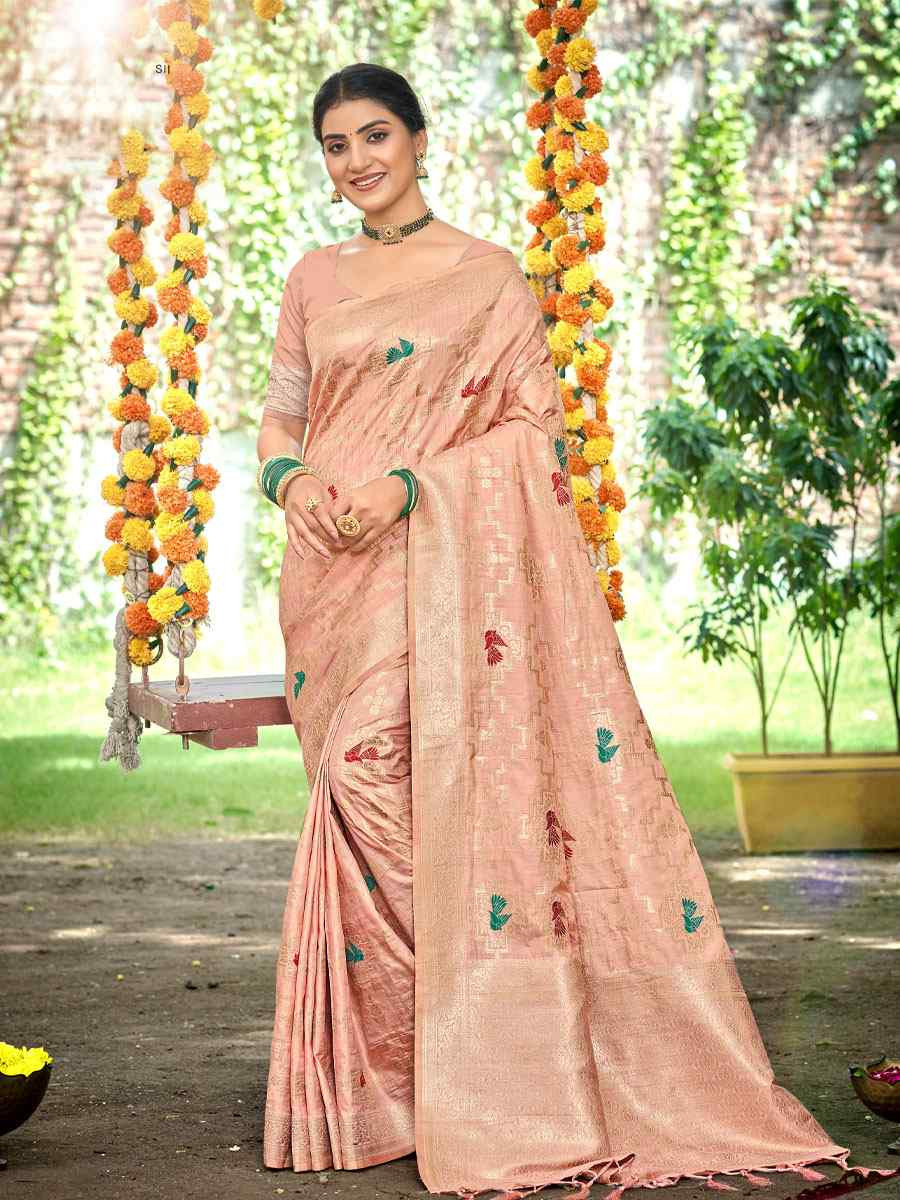 Peach Assam Silk Handwoven Traditional Bridal Reception Festival Wedding Fancy Classic Style Sarees