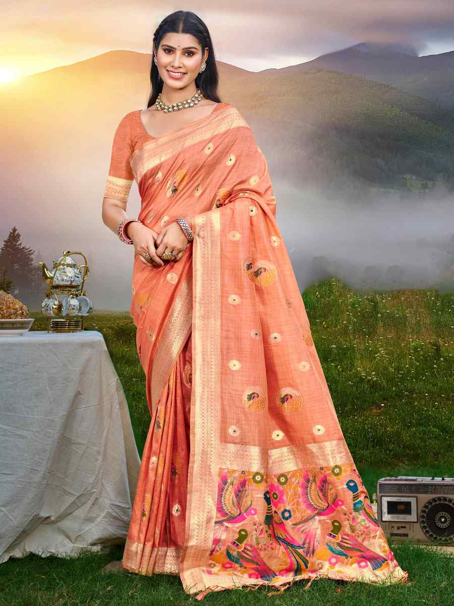 Peach Assam Silk Handwoven Traditional Bridal Reception Festival Wedding Fancy Classic Style Sarees