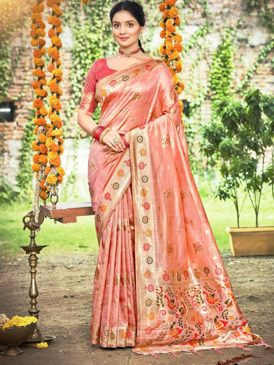 Peach Assam Silk Handwoven Traditional Bridal Reception Festival Wedding Fancy Classic Style Sarees