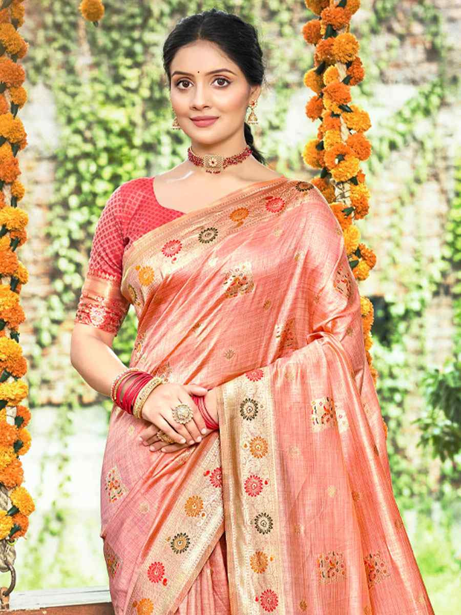 Peach Assam Silk Handwoven Traditional Bridal Reception Festival Wedding Fancy Classic Style Sarees