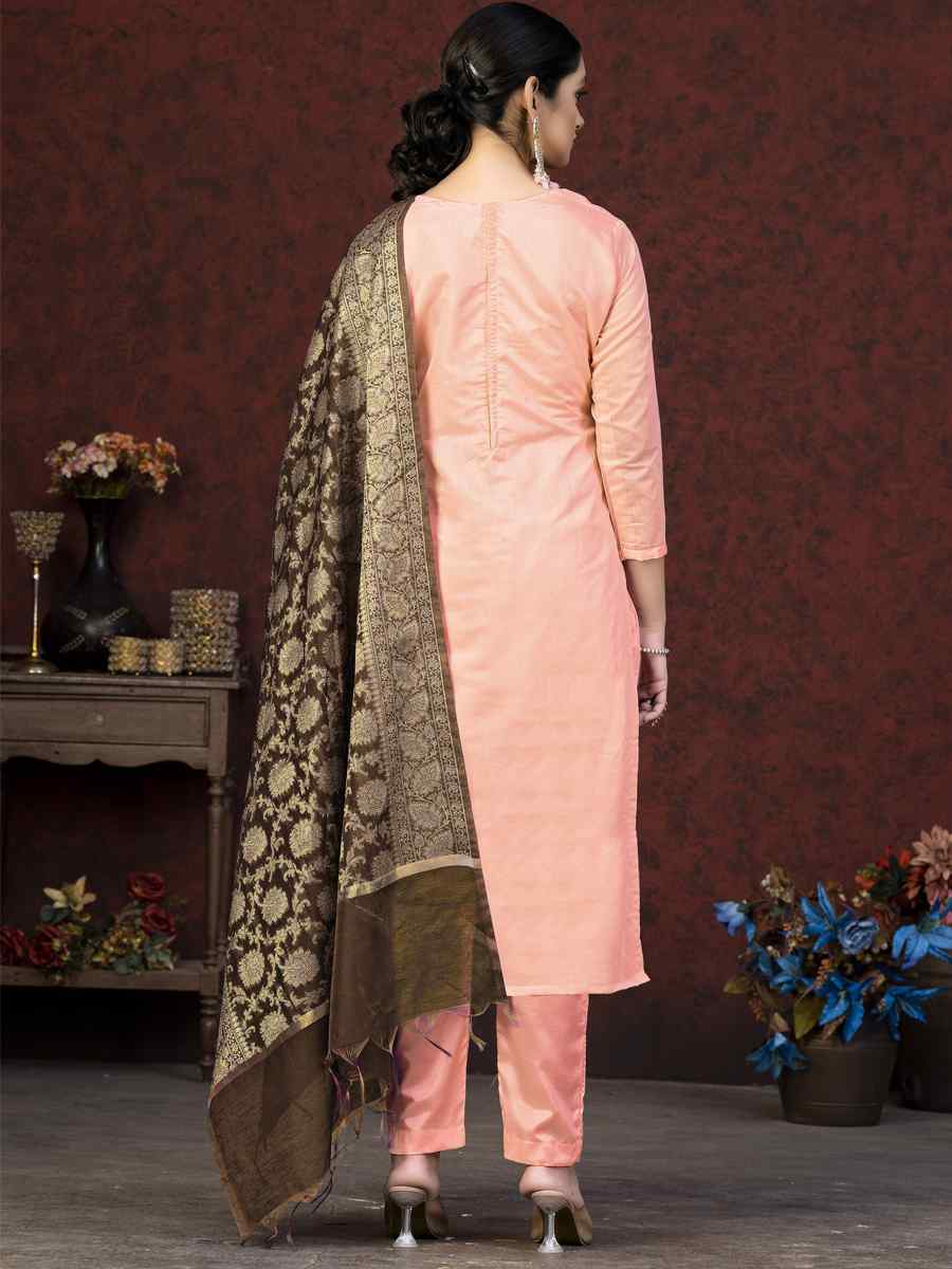 Peach Banarasi Jacquard Embroidered Casual Festival Pant Salwar Kameez