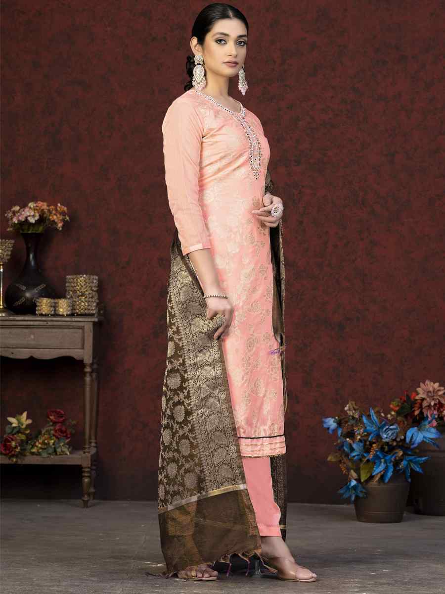 Peach Banarasi Jacquard Embroidered Casual Festival Pant Salwar Kameez