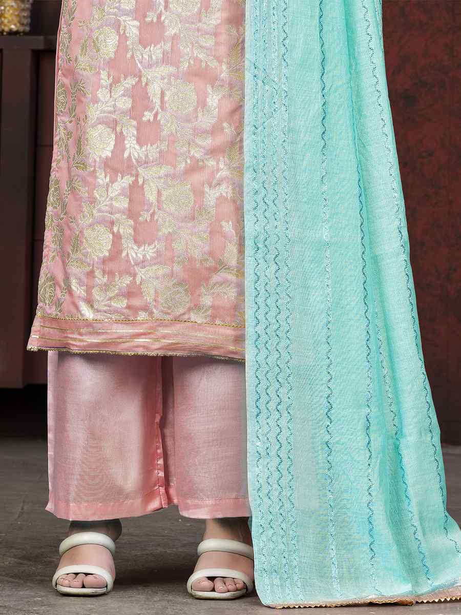 Peach Banarasi Jacquard Embroidered Casual Festival Pant Salwar Kameez
