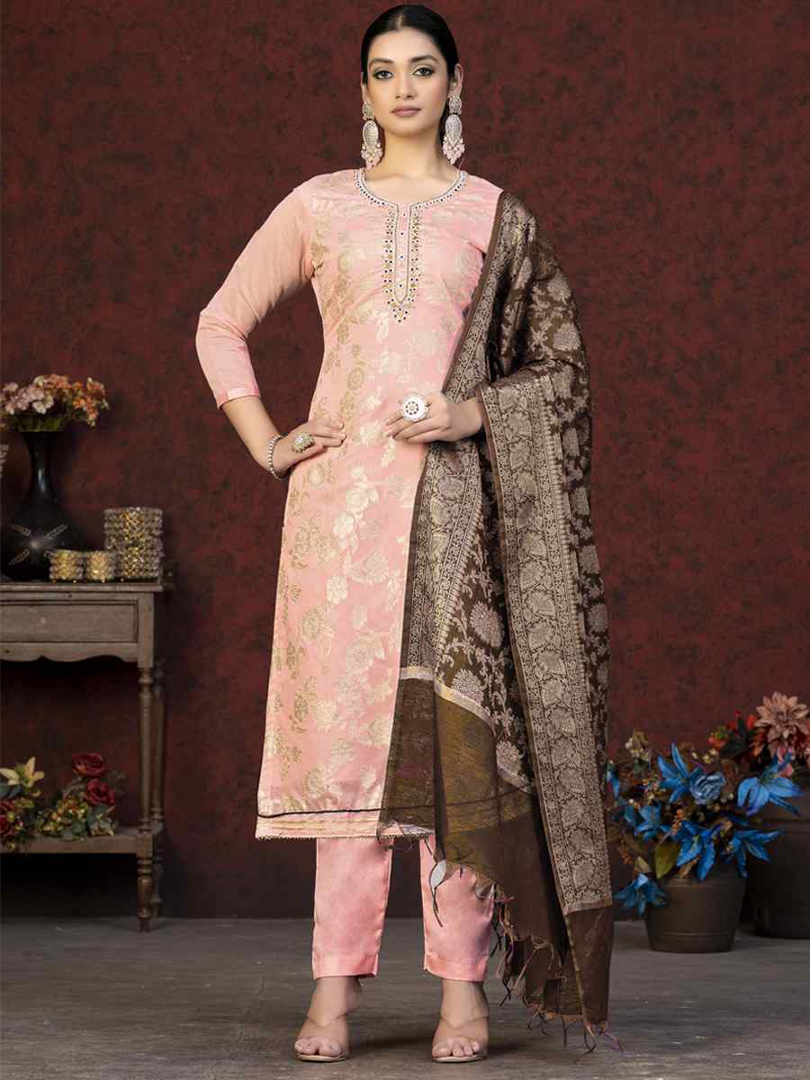 Peach Banarasi Jacquard Embroidered Casual Festival Pant Salwar Kameez