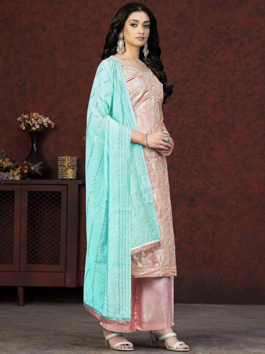 Peach Banarasi Jacquard Embroidered Casual Festival Pant Salwar Kameez