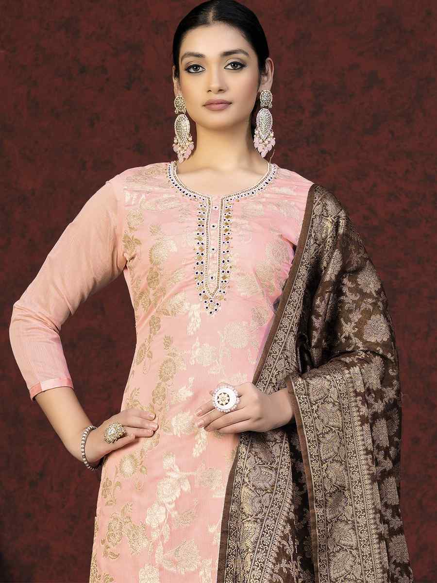 Peach Banarasi Jacquard Embroidered Casual Festival Pant Salwar Kameez