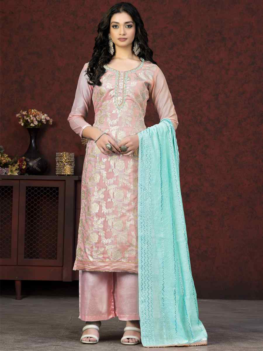 Peach Banarasi Jacquard Embroidered Casual Festival Pant Salwar Kameez