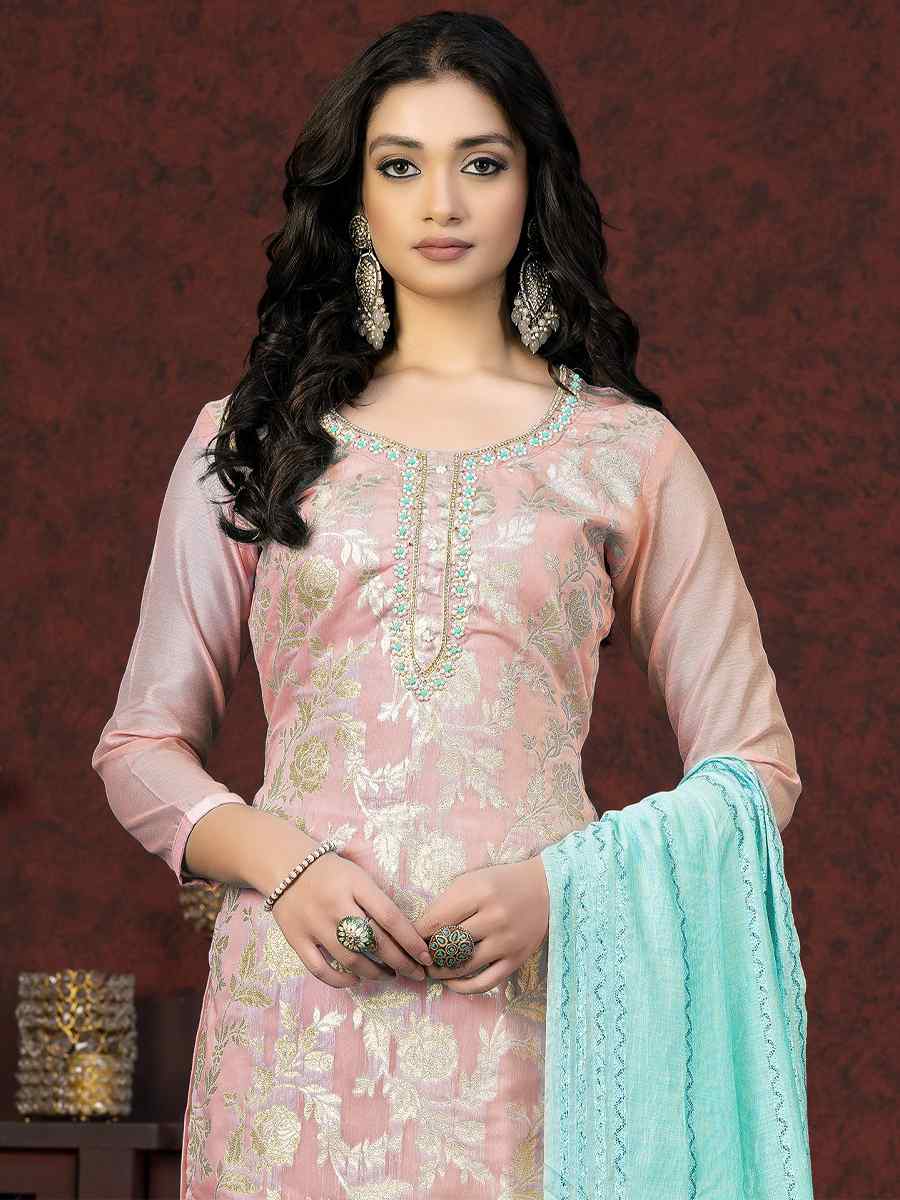 Peach Banarasi Jacquard Embroidered Casual Festival Pant Salwar Kameez