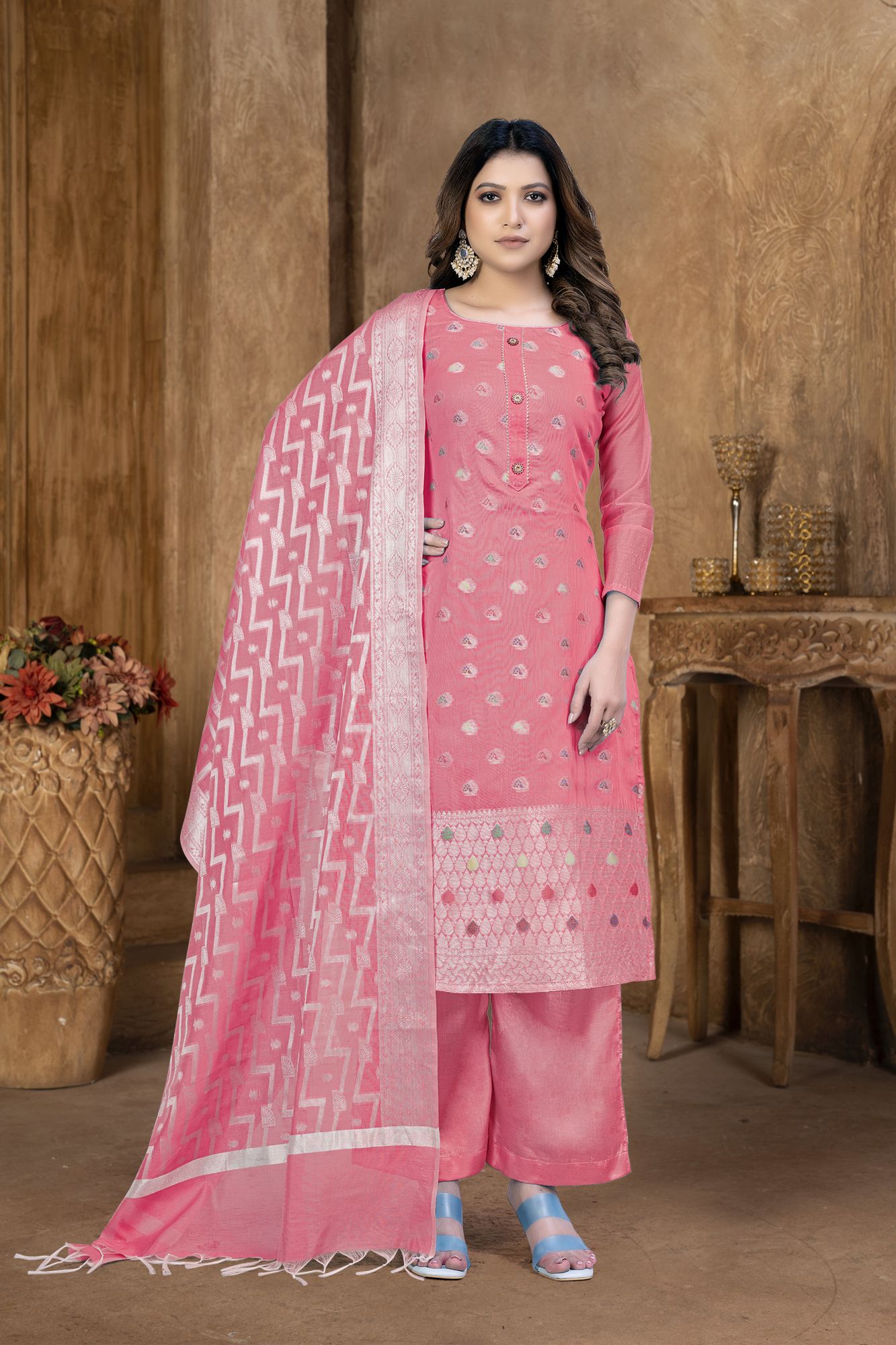 Peach Banarasi Jacquard Embroidered Festival Party Pant Salwar Kameez