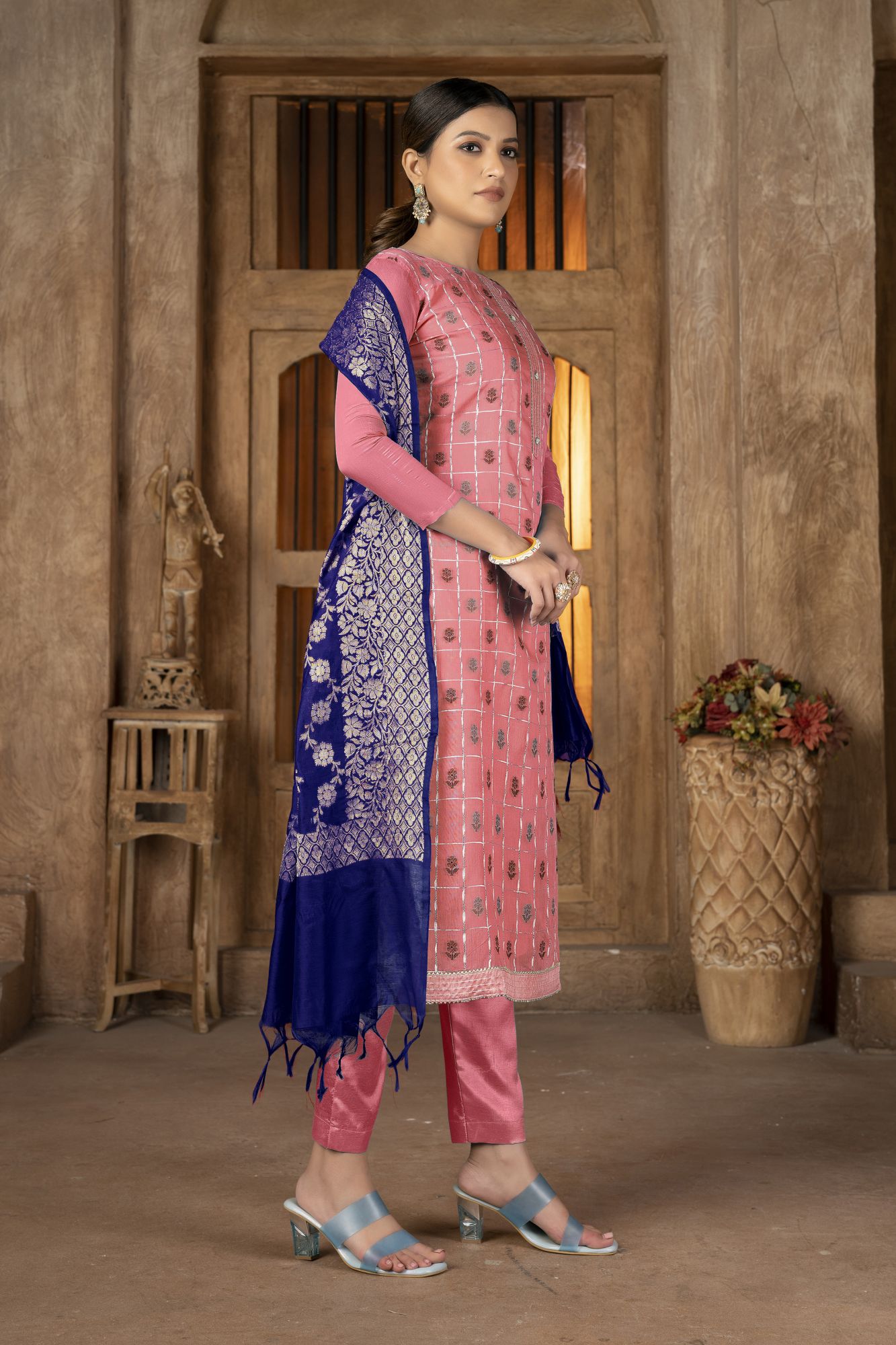 Peach Banarasi Jacquard Embroidery Festival Party Pant Salwar Kameez
