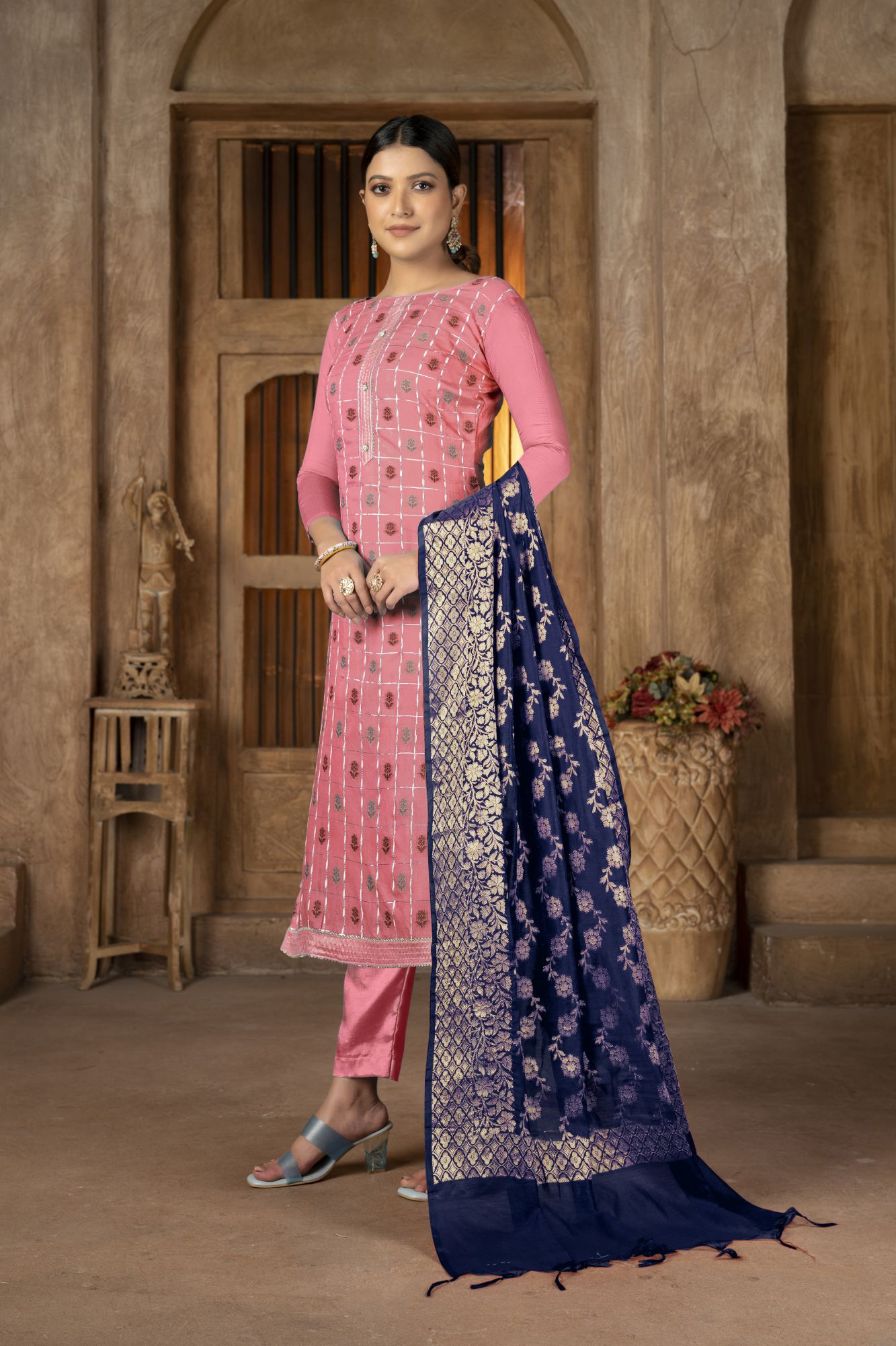 Peach Banarasi Jacquard Embroidery Festival Party Pant Salwar Kameez