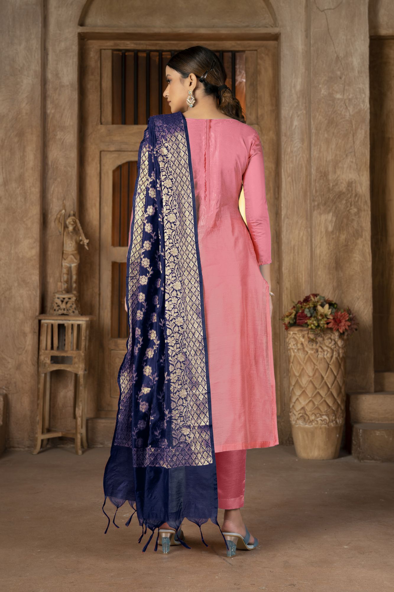 Peach Banarasi Jacquard Embroidery Festival Party Pant Salwar Kameez