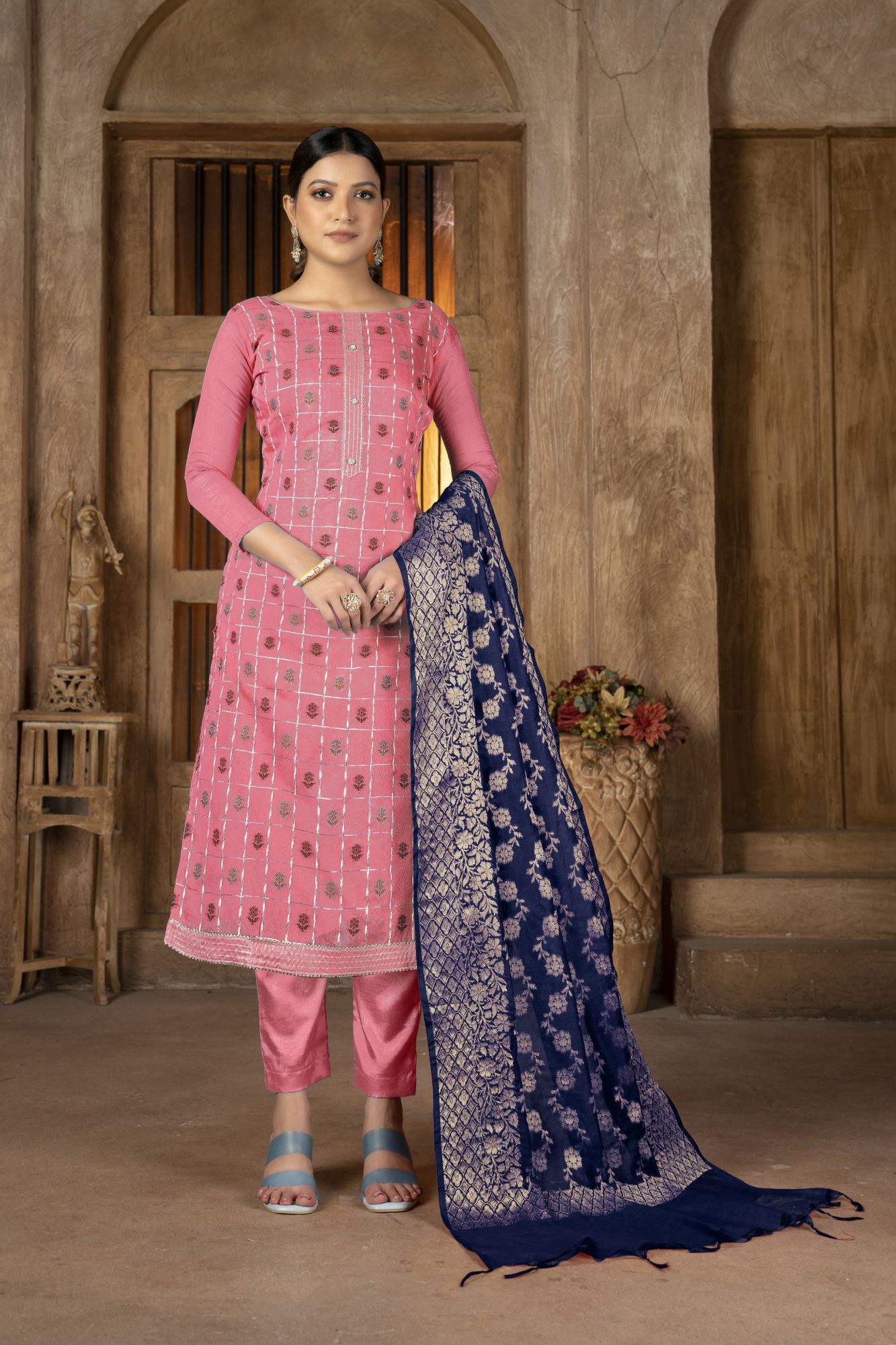 Peach Banarasi Jacquard Embroidery Festival Party Pant Salwar Kameez