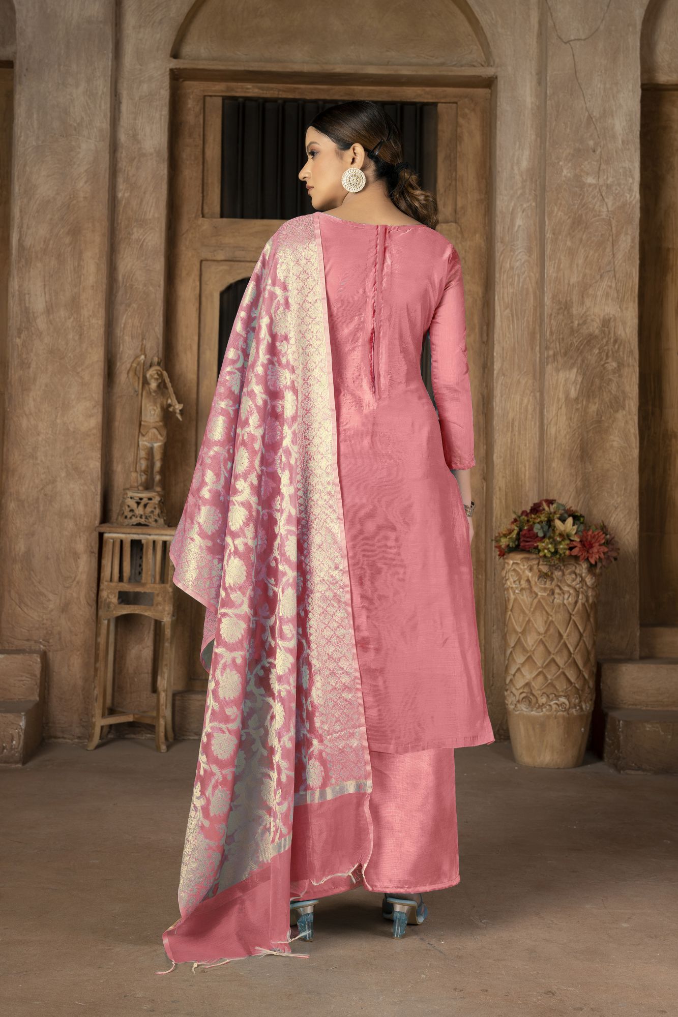 Peach Banarasi Jacquard Embroidery Pant Salwar Kameez