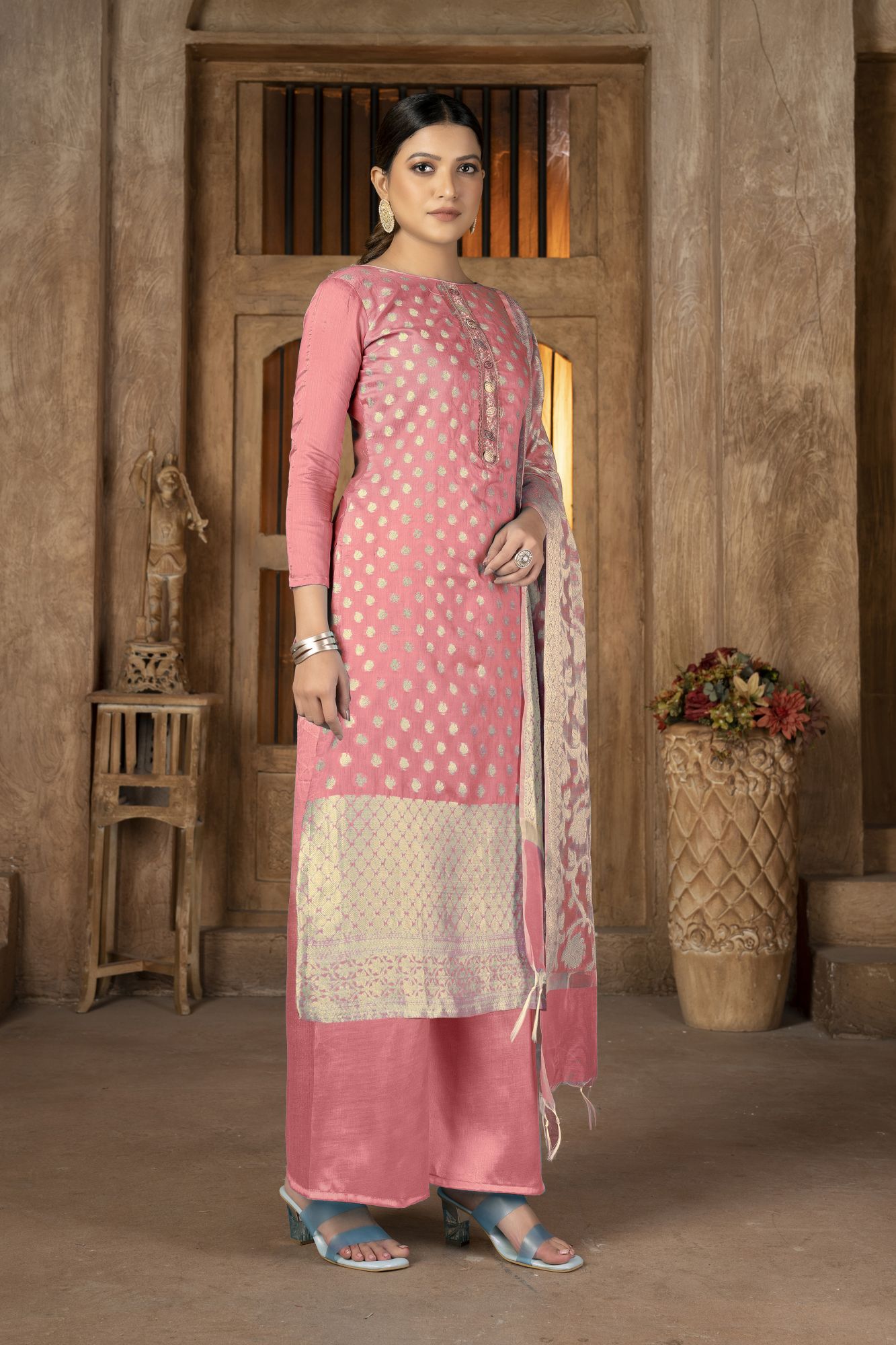 Peach Banarasi Jacquard Embroidery Pant Salwar Kameez