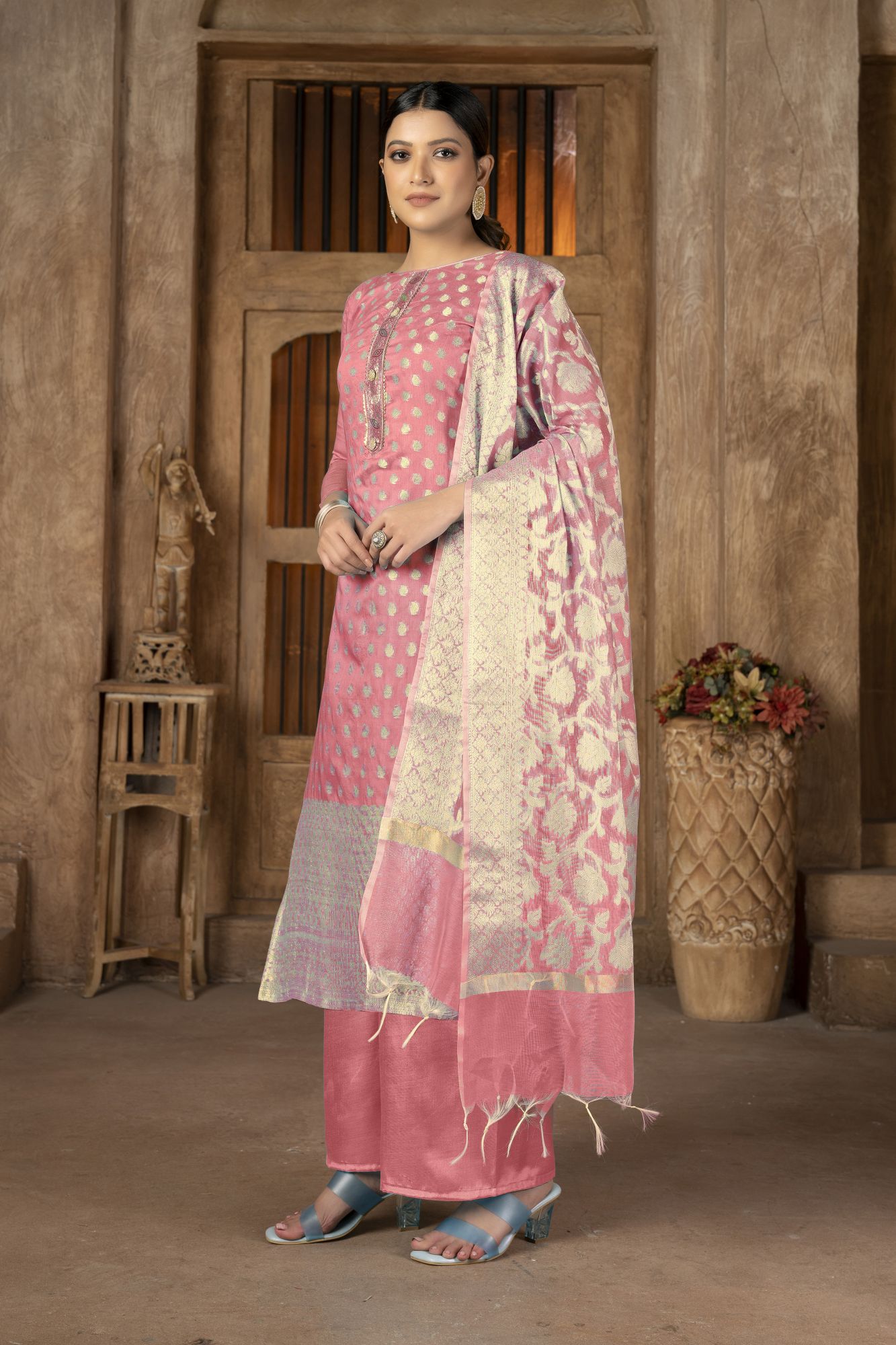 Peach Banarasi Jacquard Embroidery Pant Salwar Kameez