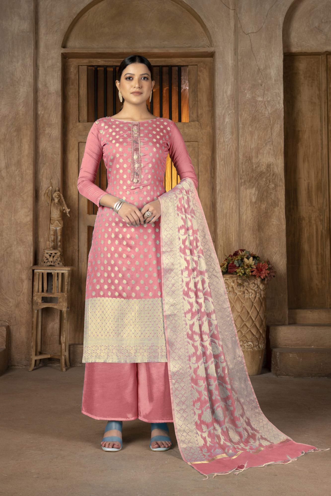 Peach Banarasi Jacquard Embroidery Pant Salwar Kameez