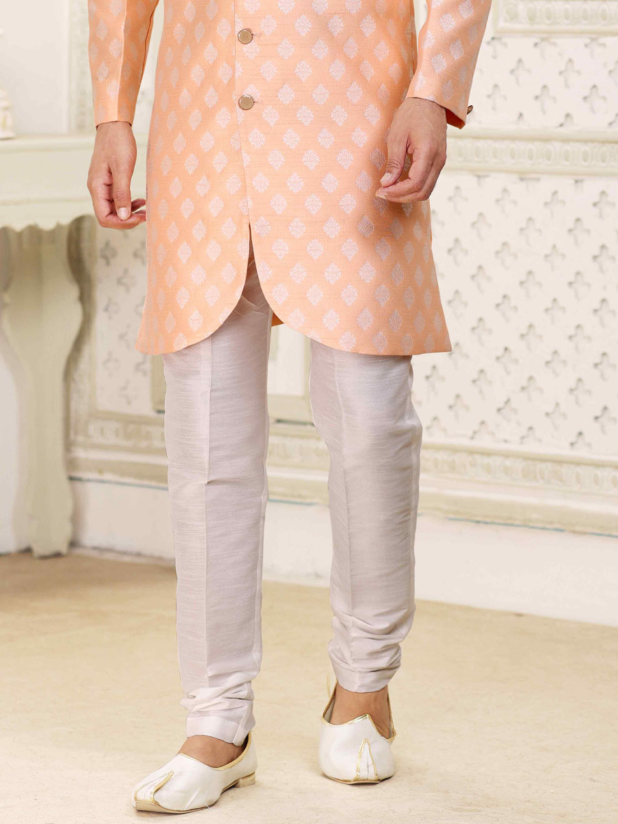 Peach Banarasi Jacquard Woven Wedding Party Sherwani