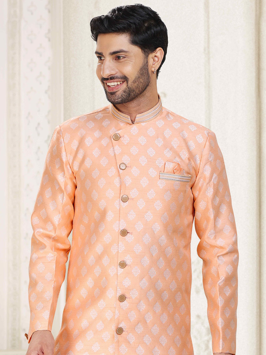 Peach Banarasi Jacquard Woven Wedding Party Sherwani