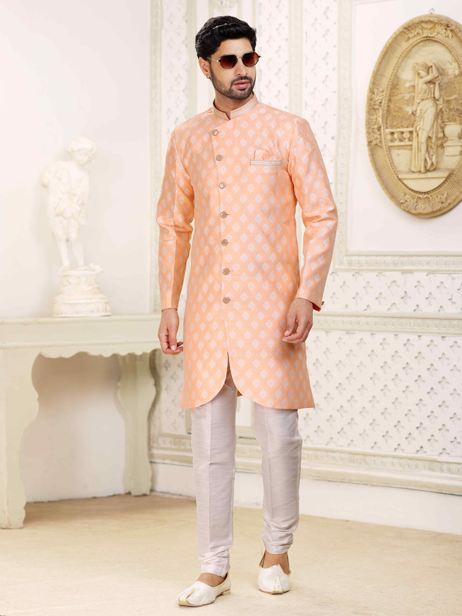 Peach Banarasi Jacquard Woven Wedding Party Sherwani