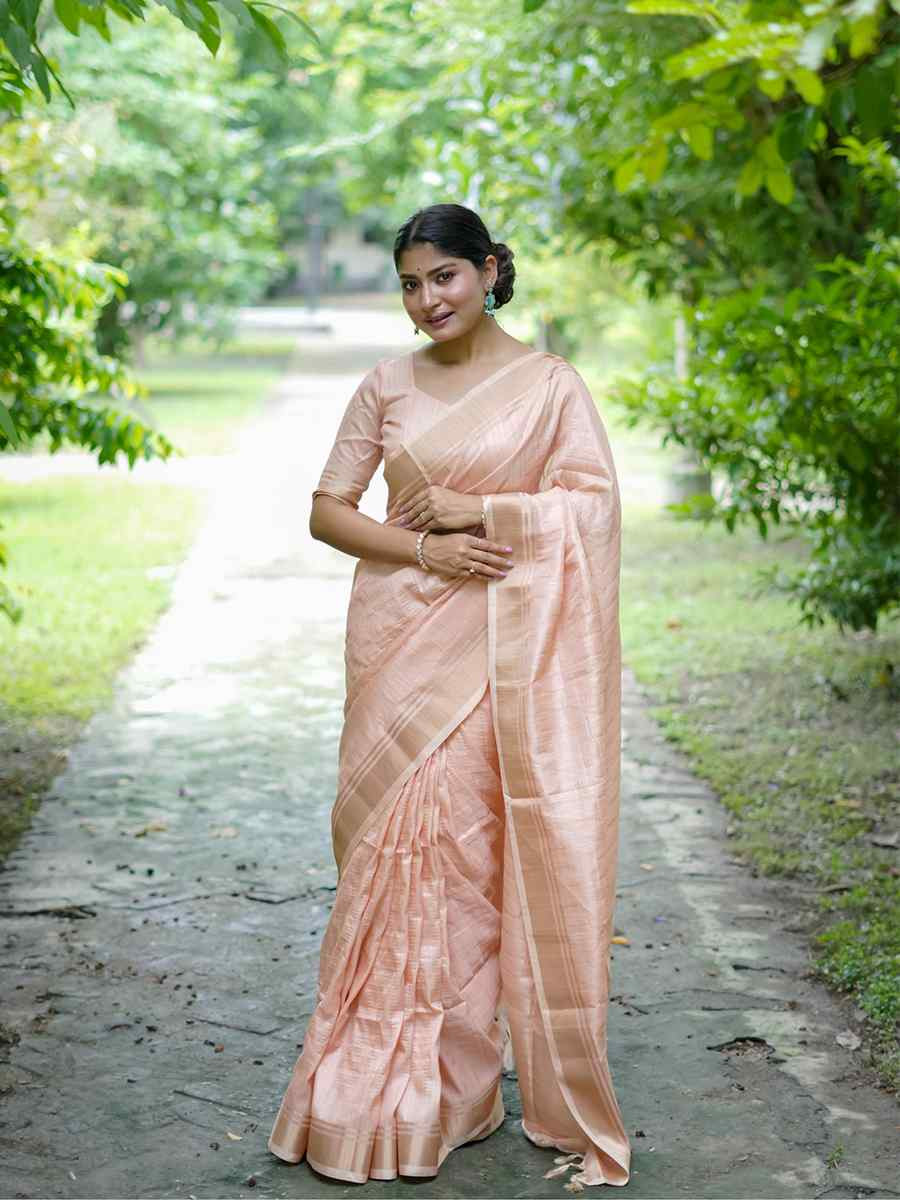Peach Banarasi Raw Silk Handwoven Festival Wedding Heavy Border Saree