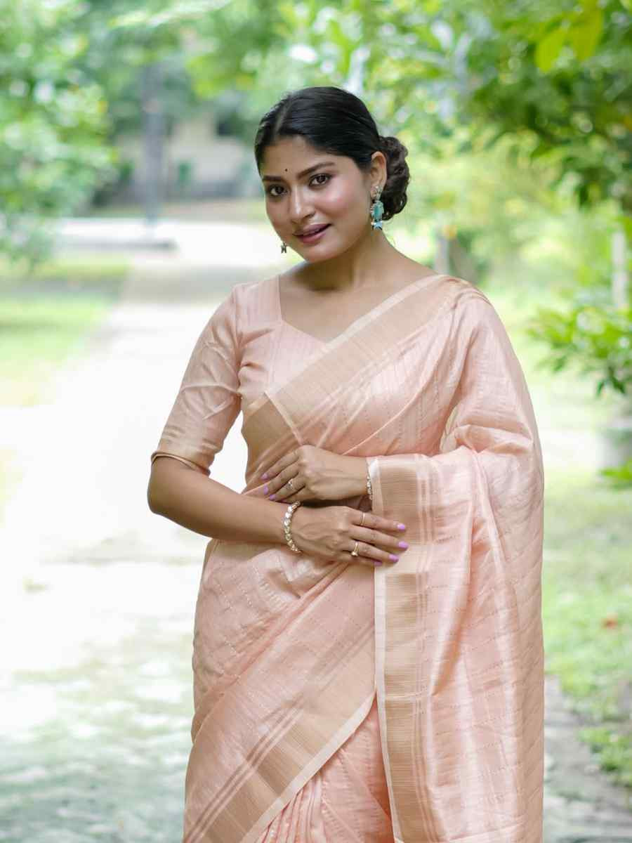 Peach Banarasi Raw Silk Handwoven Festival Wedding Heavy Border Saree