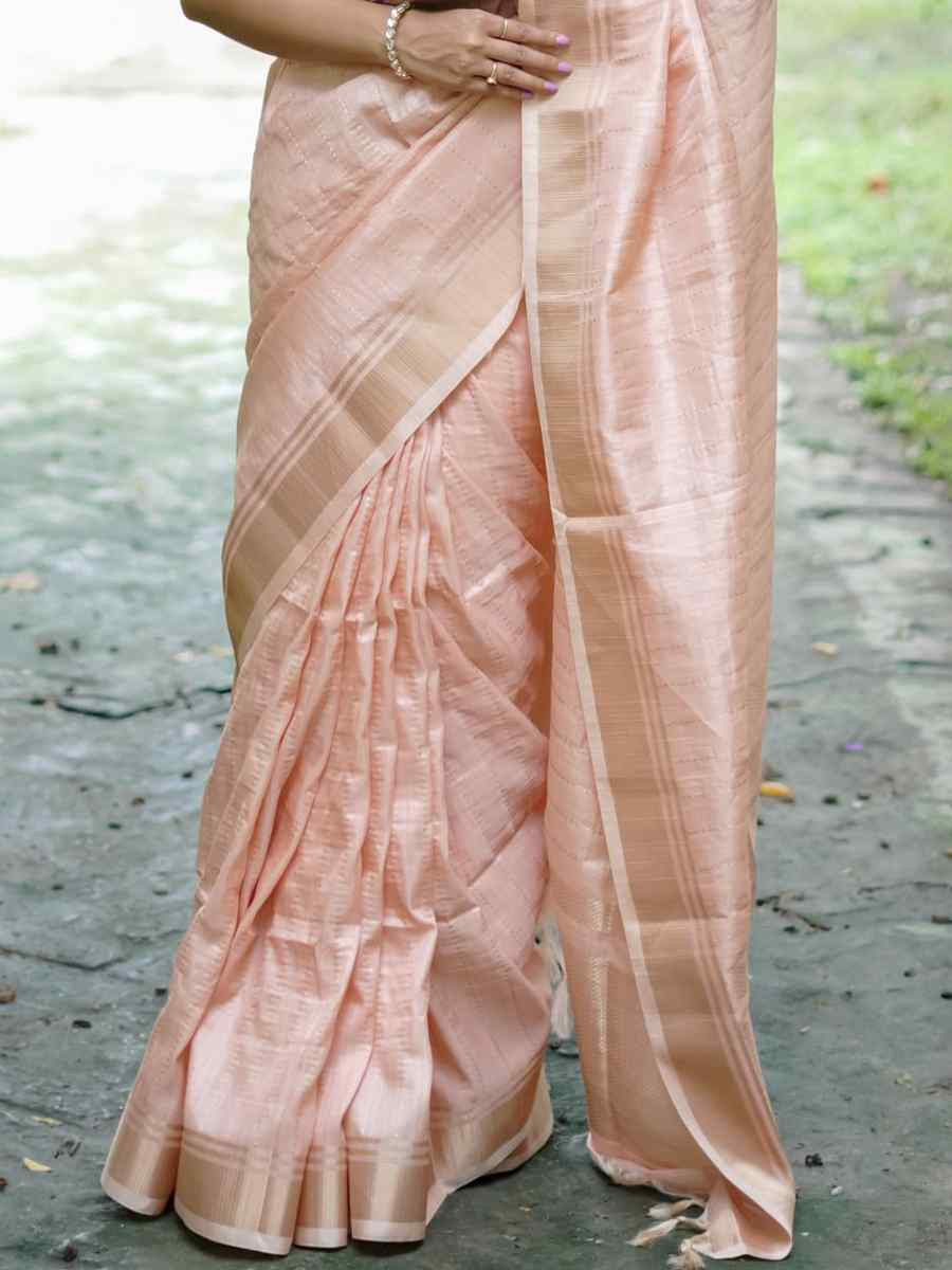 Peach Banarasi Raw Silk Handwoven Festival Wedding Heavy Border Saree
