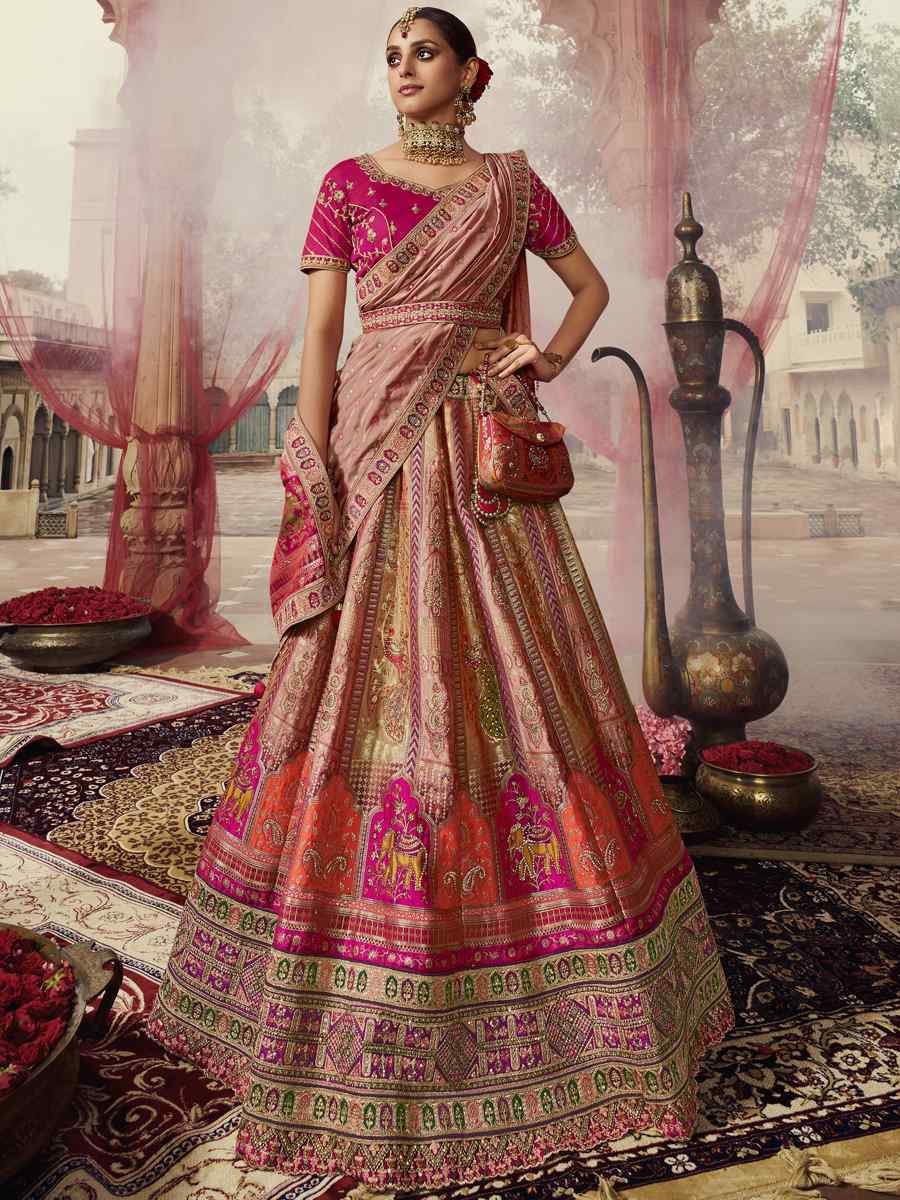 Peach Banarasi Silk Embroidered Bridal Wedding Heavy Border Lehenga Choli