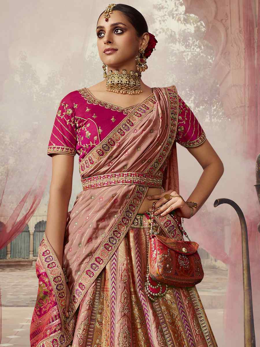 Peach Banarasi Silk Embroidered Bridal Wedding Heavy Border Lehenga Choli