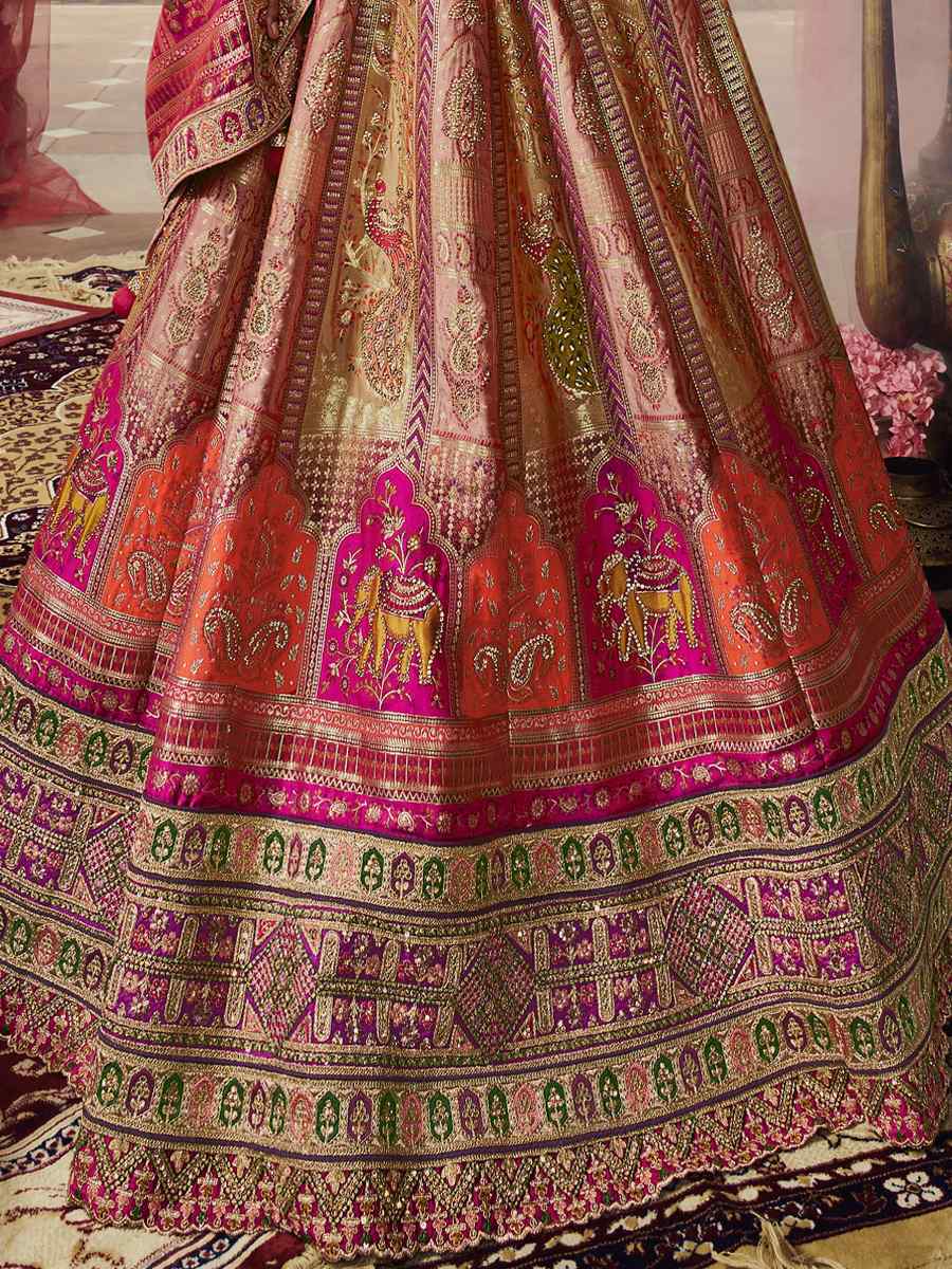 Peach Banarasi Silk Embroidered Bridal Wedding Heavy Border Lehenga Choli
